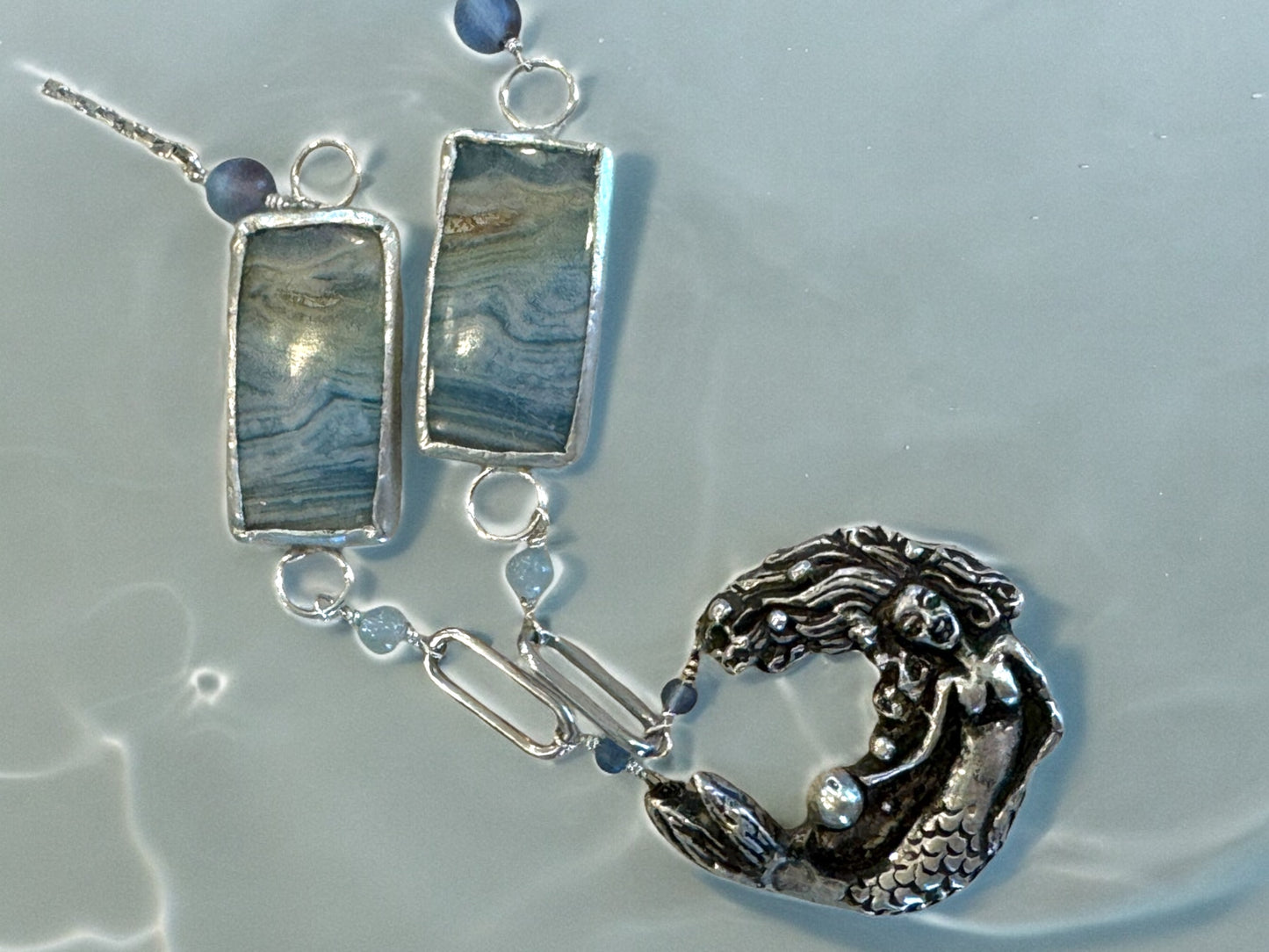 Silver Mermaid, Aquamarine, and Opalized Wood Necklace 