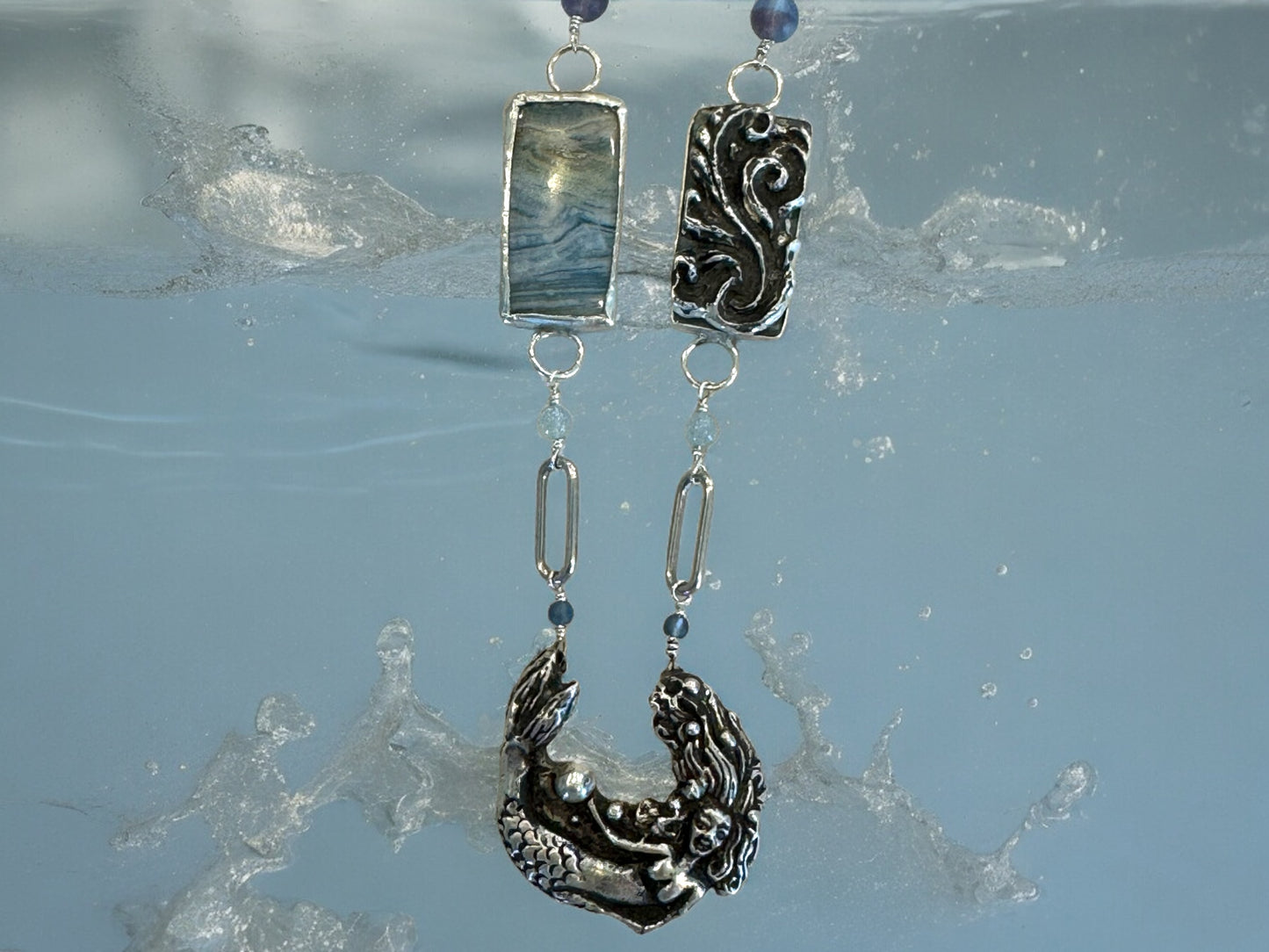 Silver Mermaid, Aquamarine, and Opalized Wood Necklace 