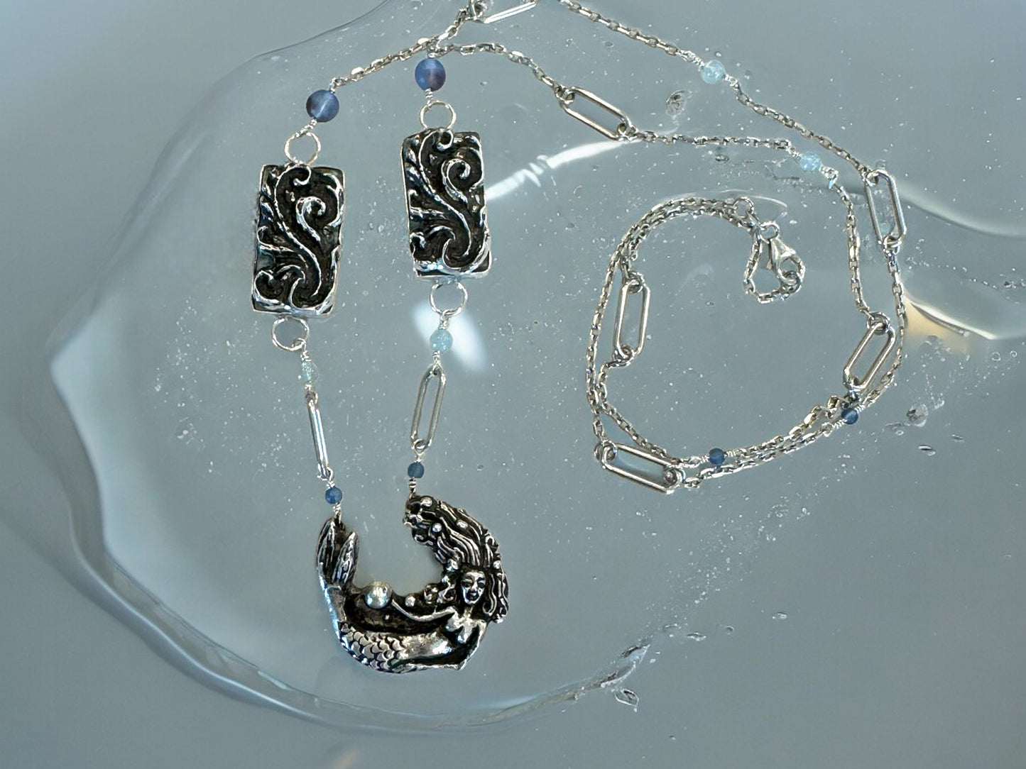 Silver Mermaid, Aquamarine, and Opalized Wood Necklace 