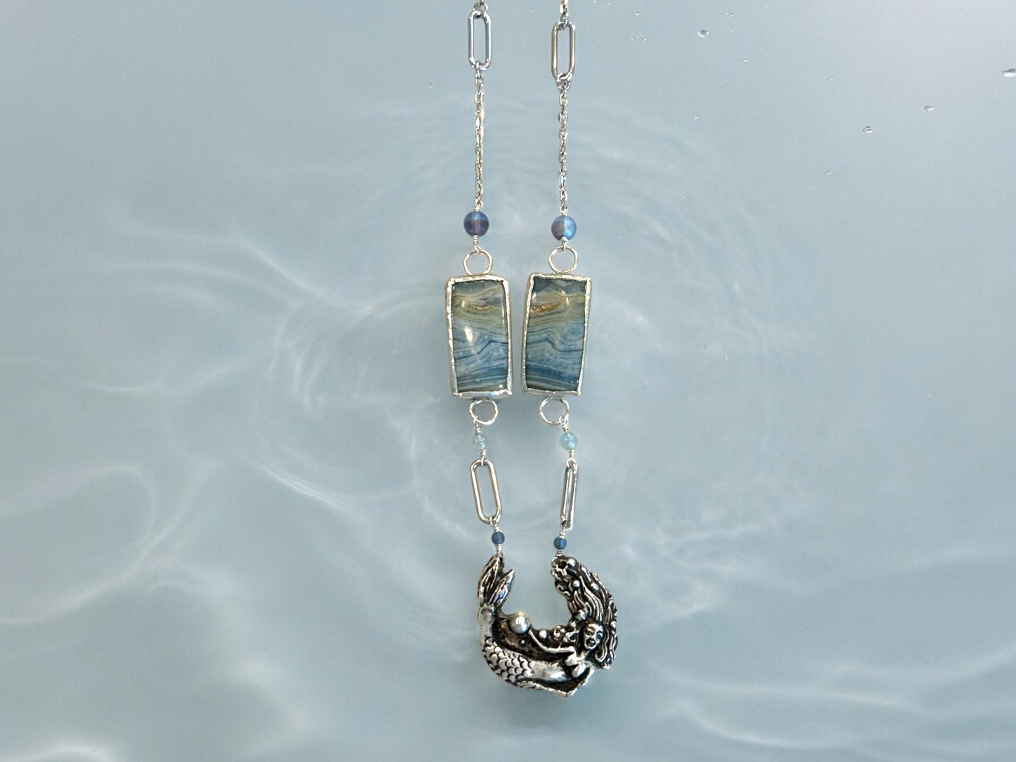 Silver Mermaid, Aquamarine, and Opalized Wood Necklace 