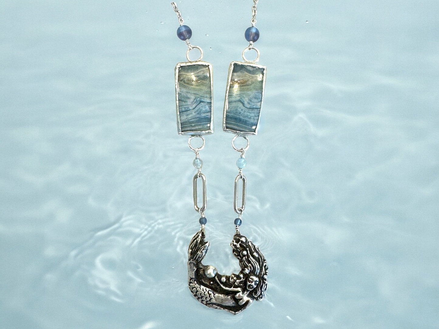 Silver Mermaid, Aquamarine, and Opalized Wood Necklace 
