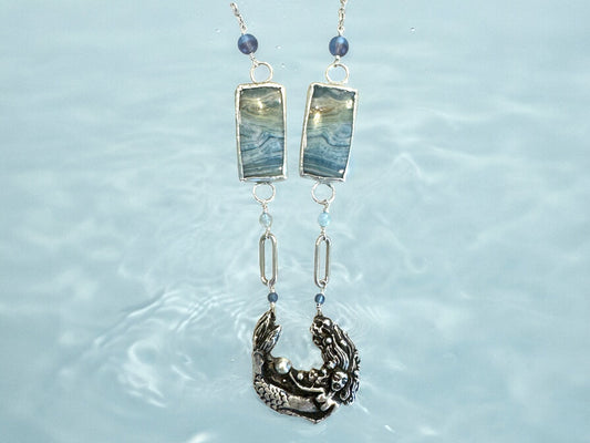 Silver Mermaid, Aquamarine, and Opalized Wood Necklace 