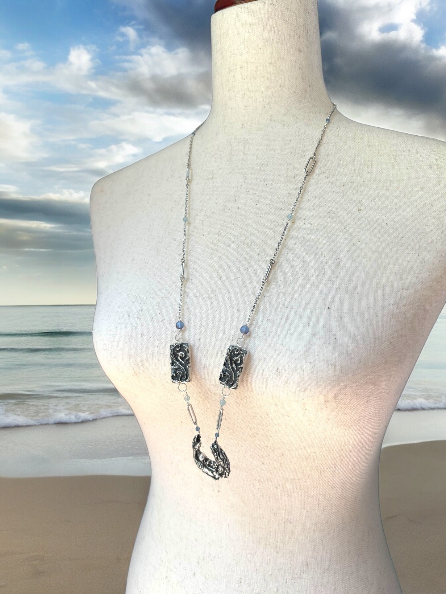 Silver Mermaid, Aquamarine, and Opalized Wood Necklace 