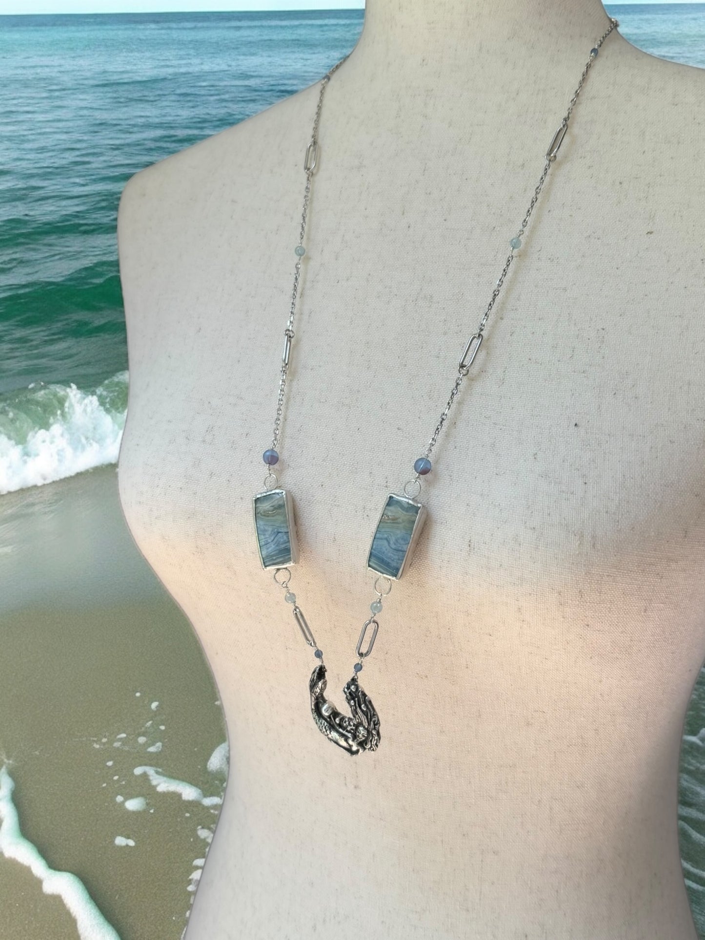 Silver Mermaid, Aquamarine, and Opalized Wood Necklace 
