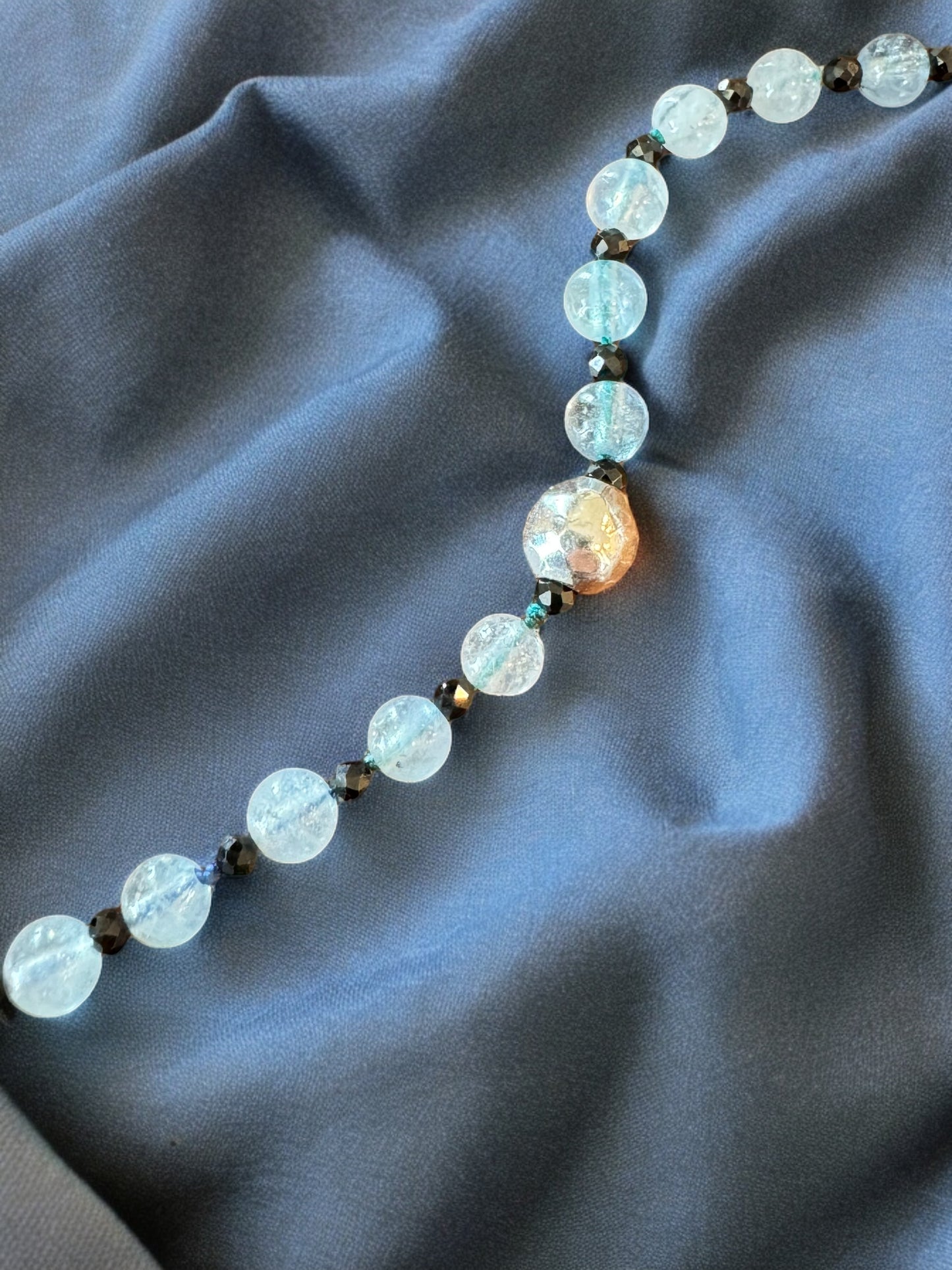 Aquamarine and black spinel hand knotted necklace 
