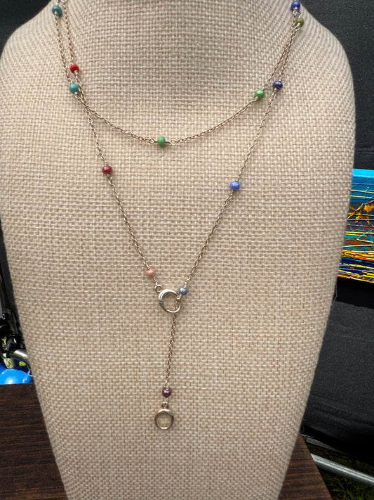 Long Rainbow-Glass-Bead Sterling Necklace