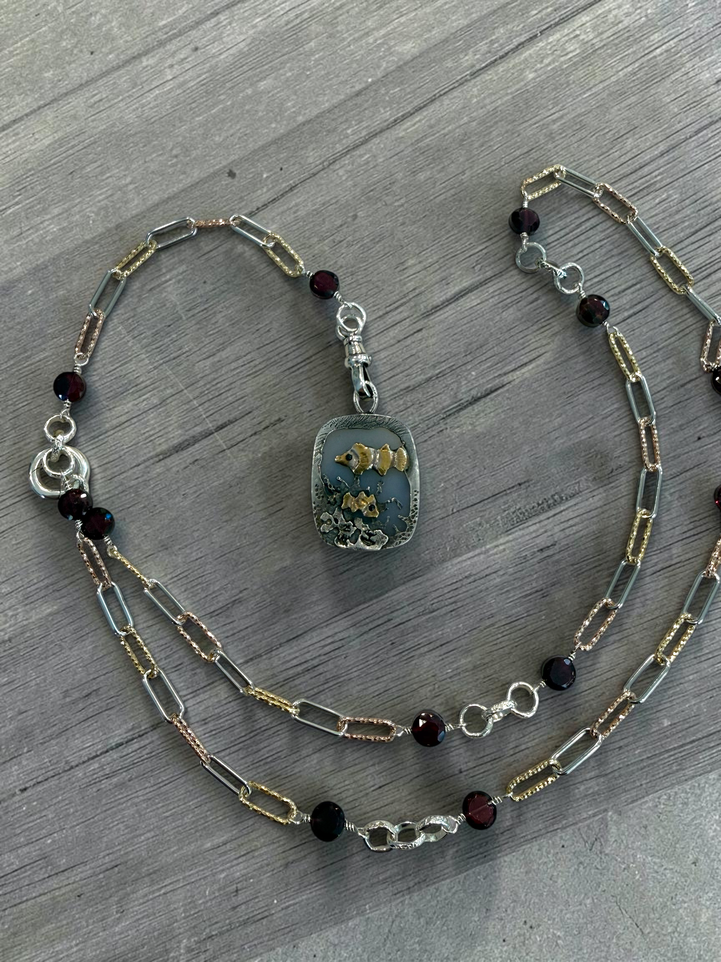 “Clownfish” Agate Scenic Pendant in 14k Gold and Sterling Silver with Custom Chain