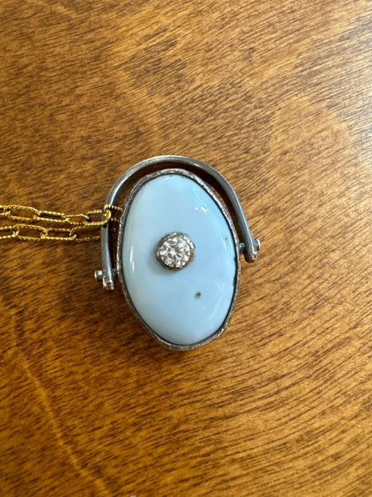 Dandelion Spinning Blue Opal/White Sapphire Fob on Mixed Metal Convertible SS and GF Chain