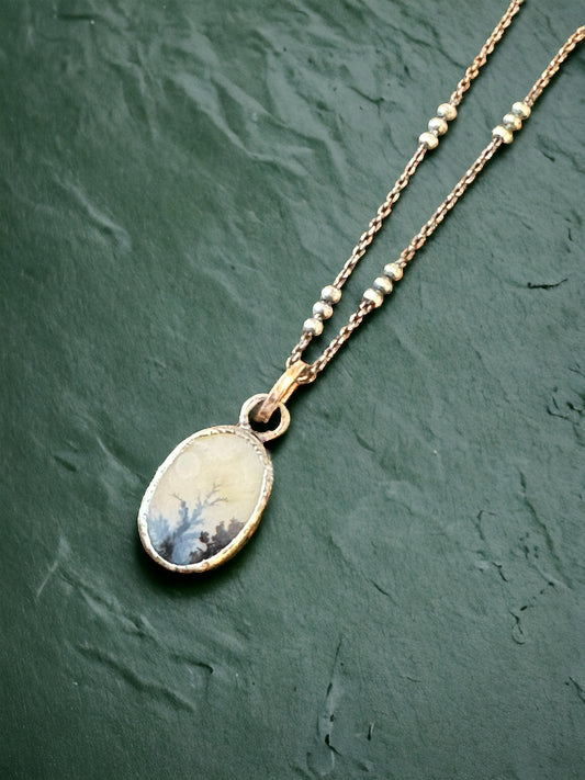 Dainty Dendritic Agate Oval Pendant with Rose-Gold Bail