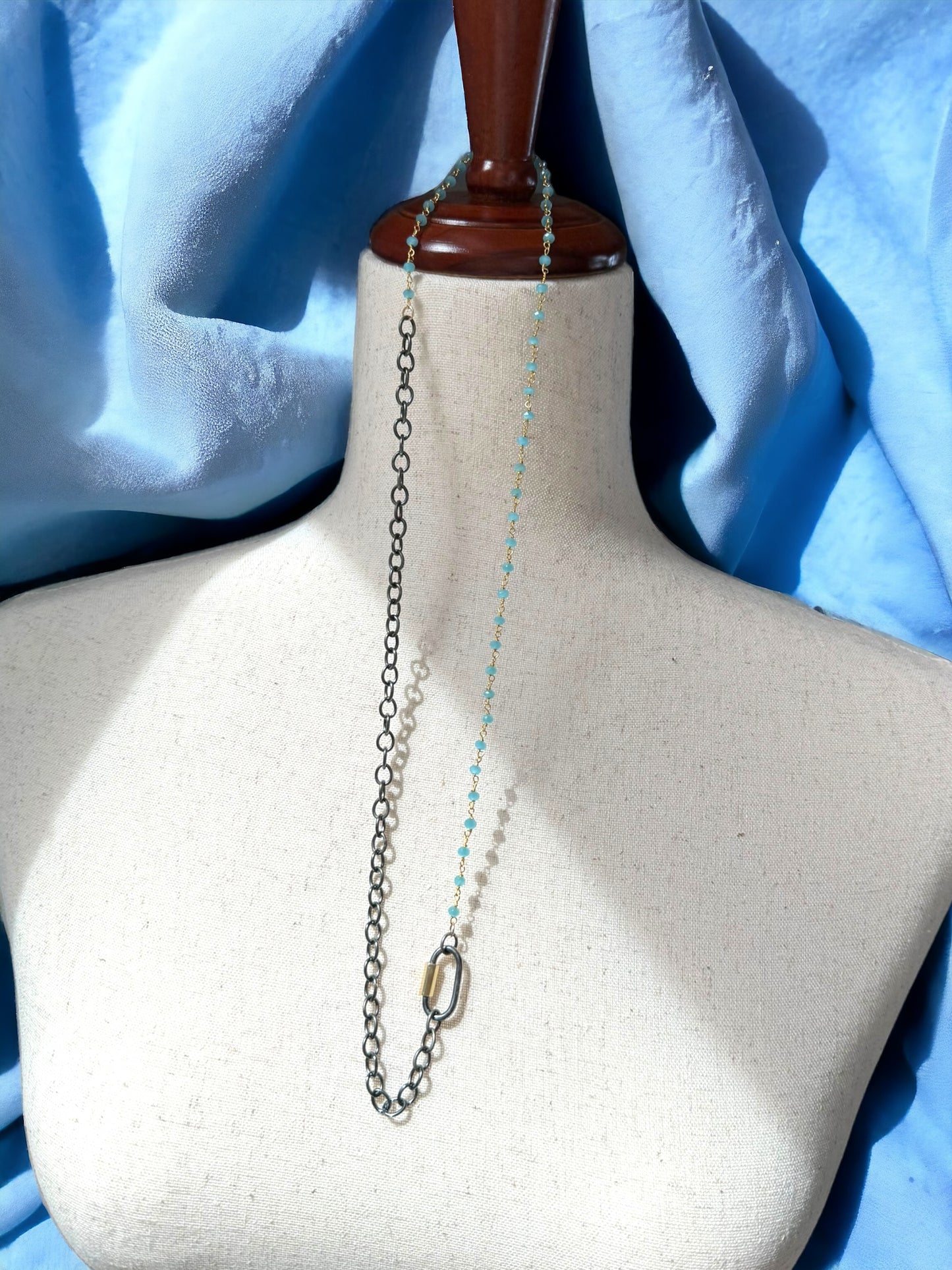 Amazonite and Sterling Long Necklace with Carabiner Clasp