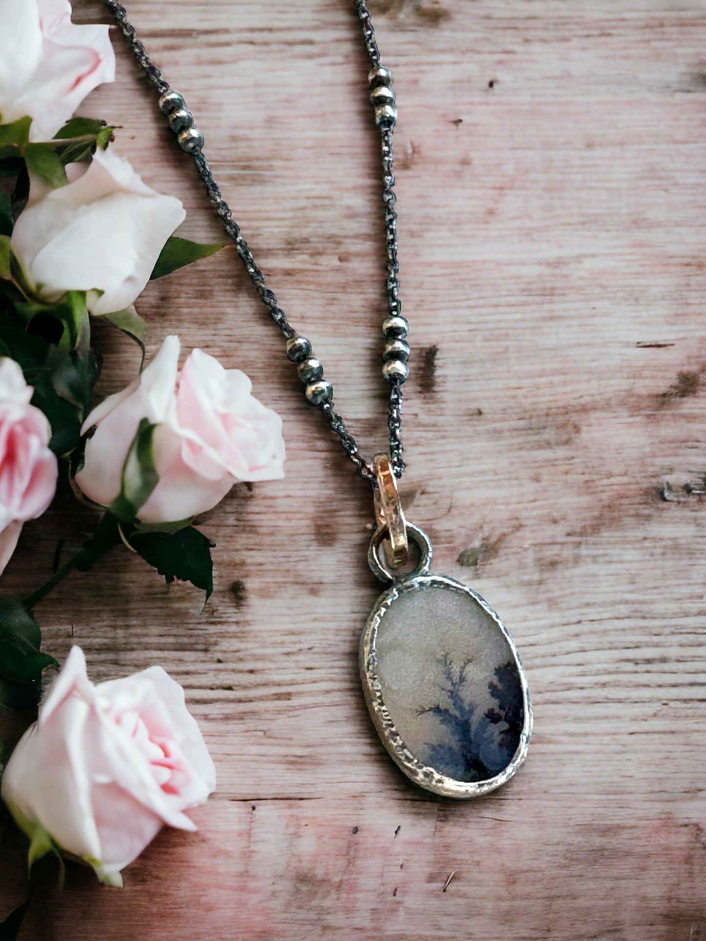 Dainty Dendritic Agate Oval Pendant with Rose-Gold Bail