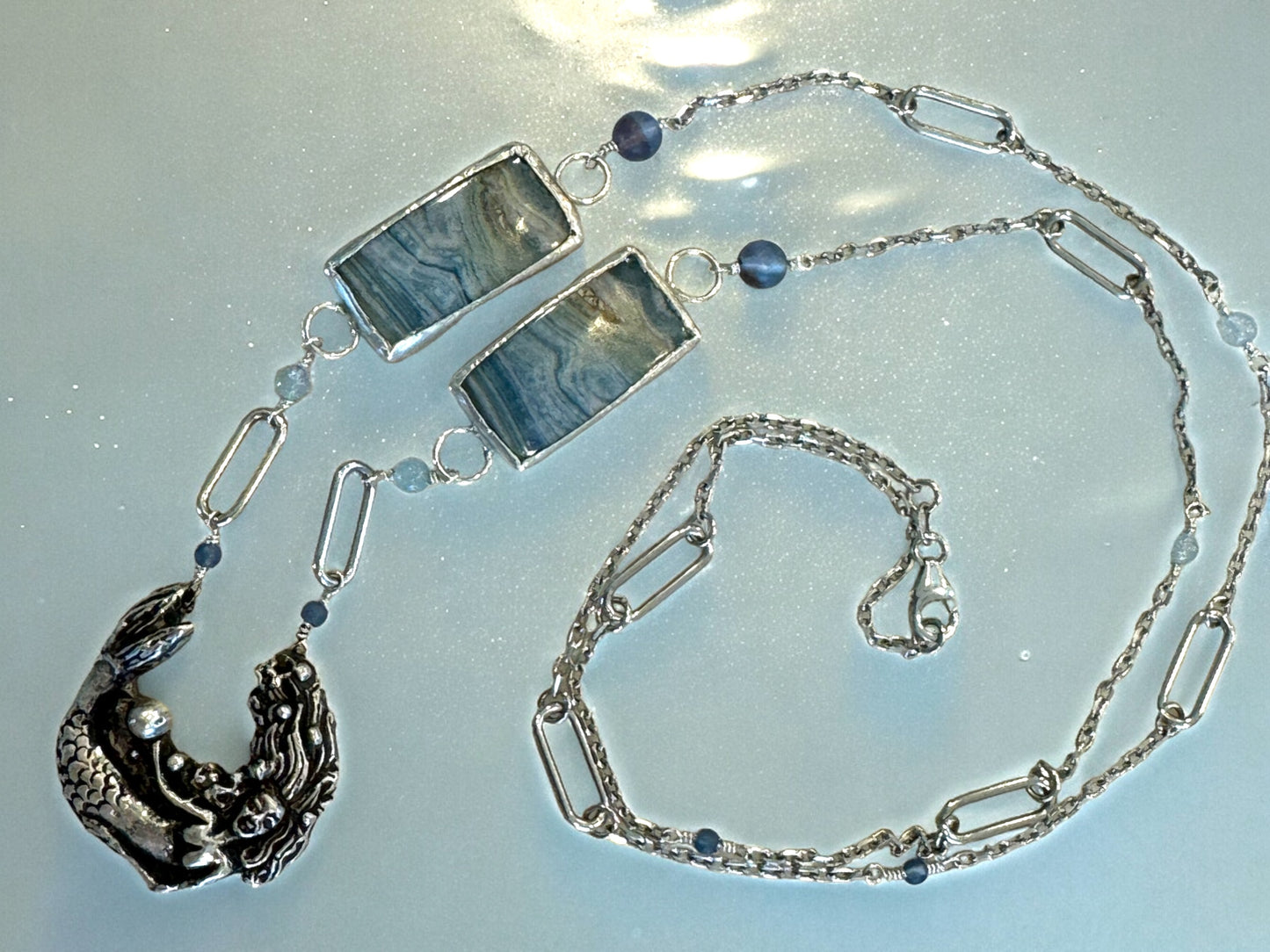 Silver Mermaid, Aquamarine, and Opalized Wood Necklace ￼