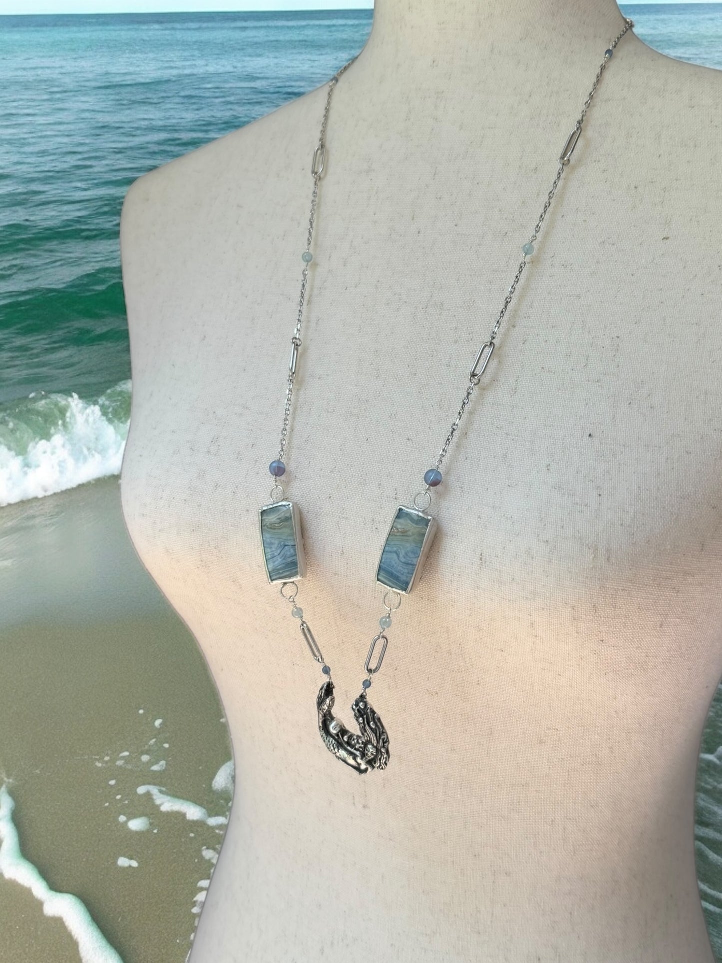 Silver Mermaid, Aquamarine, and Opalized Wood Necklace ￼