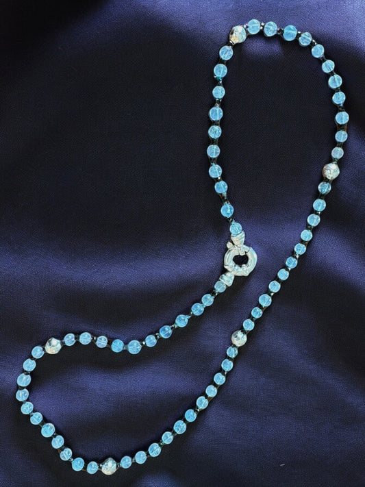 Aquamarine and black spinel hand knotted necklace ￼
