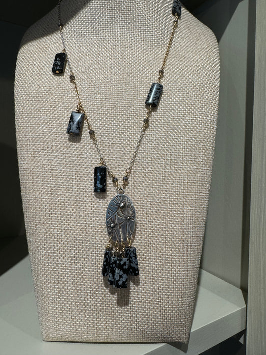 Dandelion Necklace with Gold Accents and Snowflake Obsidian