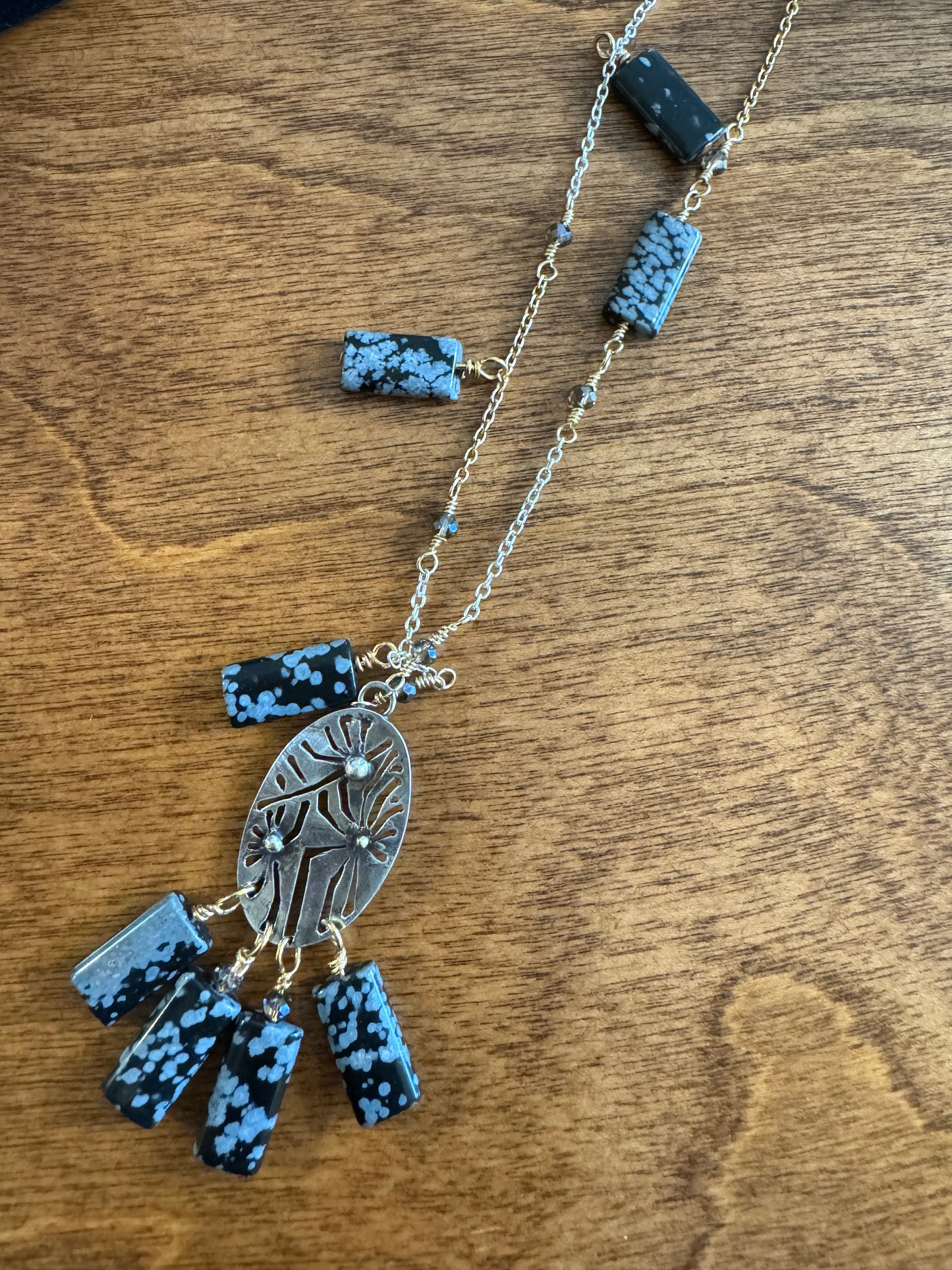 Dandelion Necklace with Gold Accents and Snowflake Obsidian