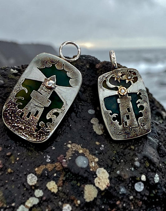 Opalized Wood Lighthouse Pendant With Stars