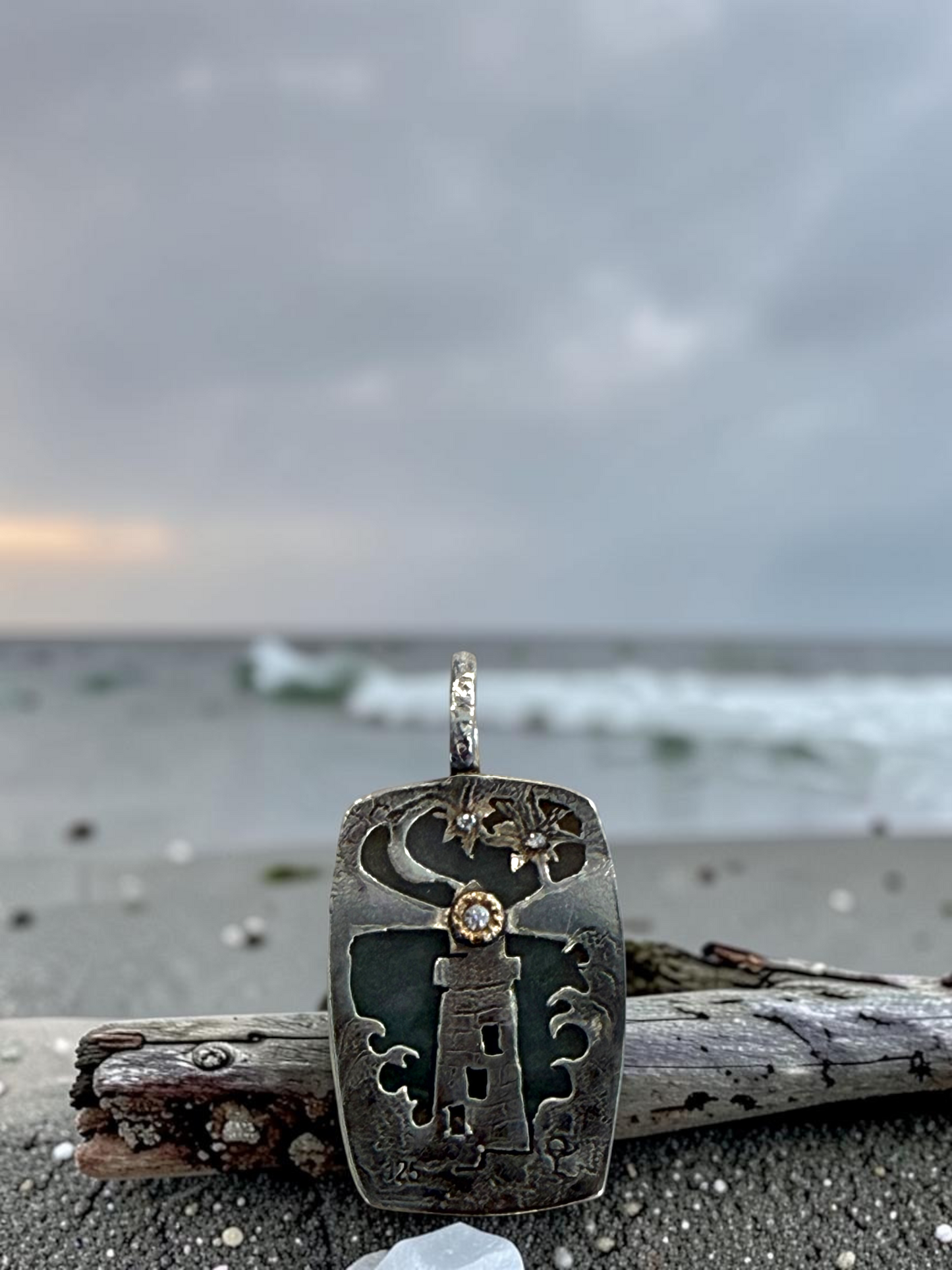 Opalized Wood Lighthouse Pendant With Stars