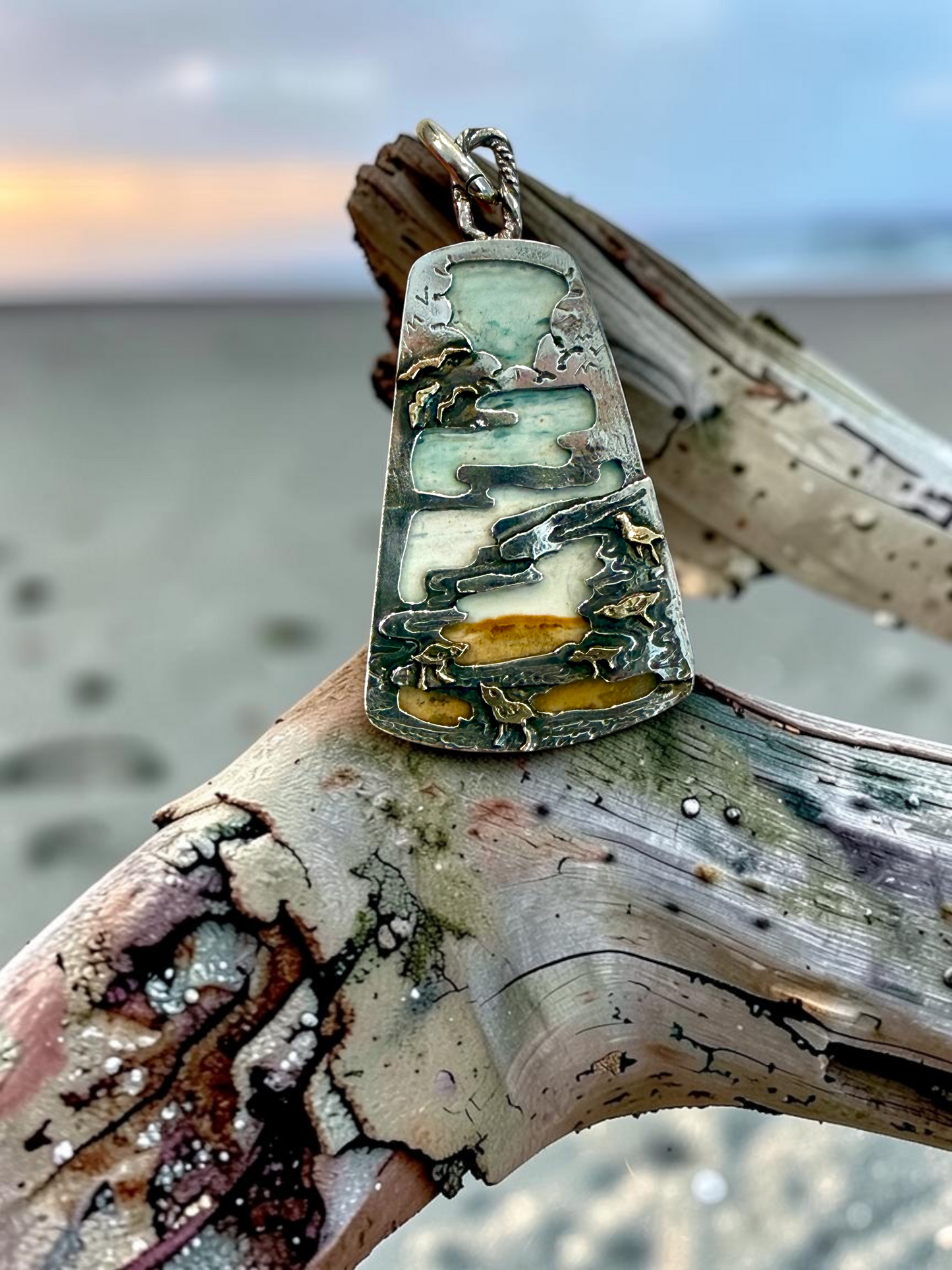 Opalized Wood Sterling and 14k Beach Scene Pendant