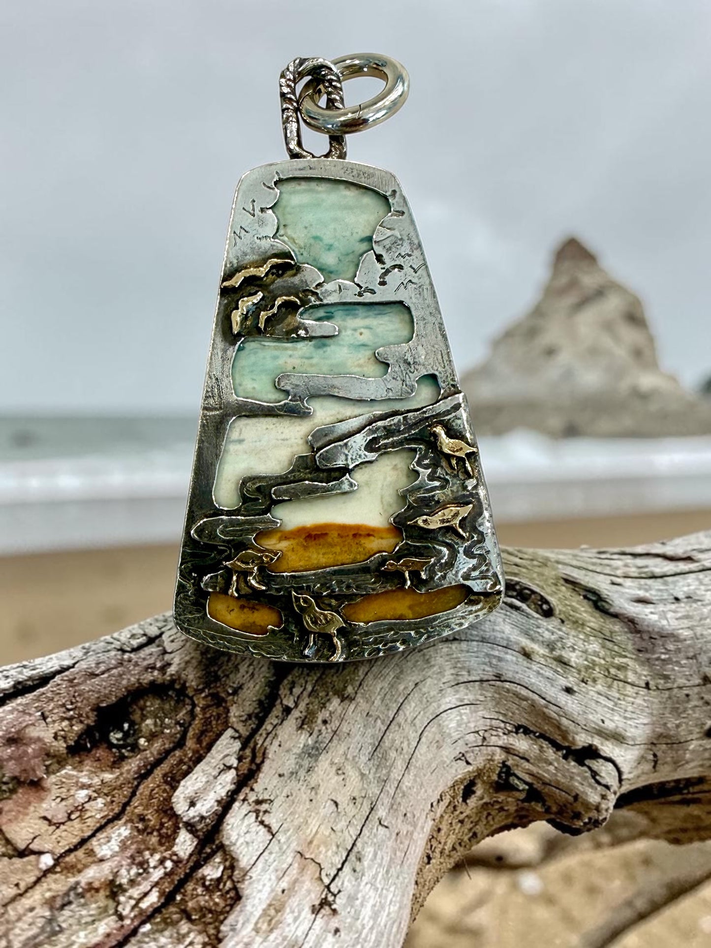 Opalized Wood Sterling and 14k Beach Scene Pendant