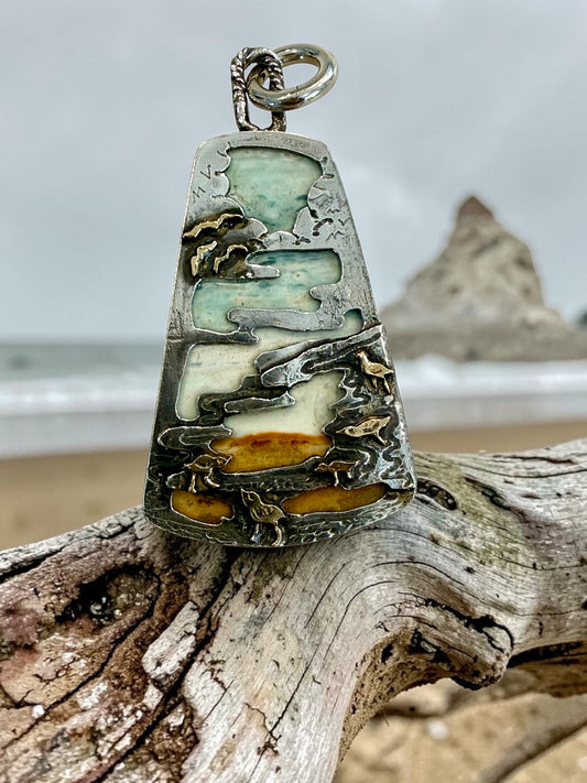Opalized Wood Sterling and 14k Beach Scene Pendant