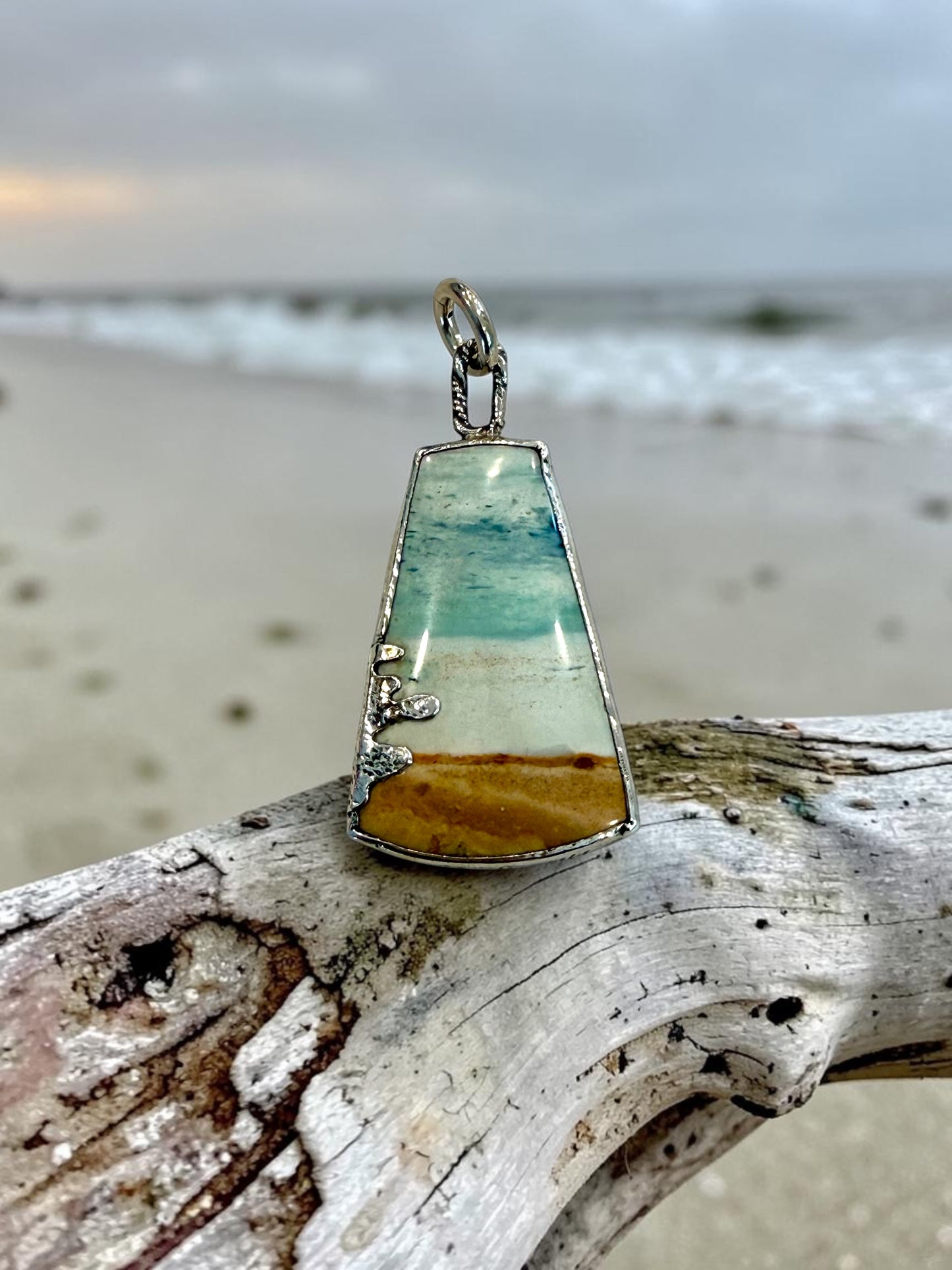 Opalized Wood Sterling and 14k Beach Scene Pendant