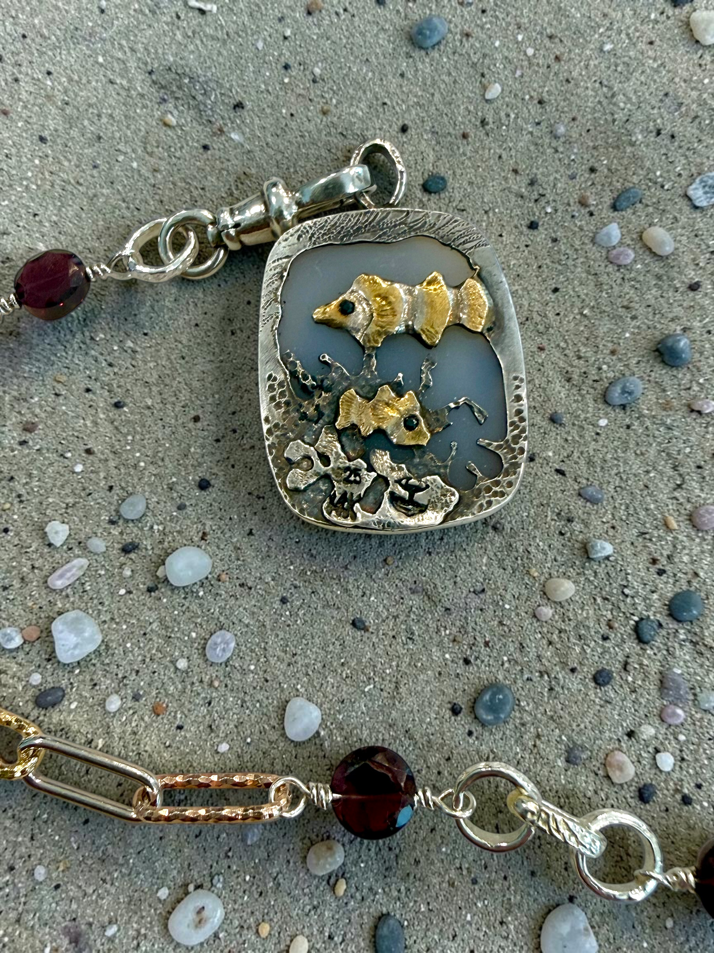 “Clownfish”  Agate Scenic Pendant in 14k Gold and Sterling Silver with Custom Chain