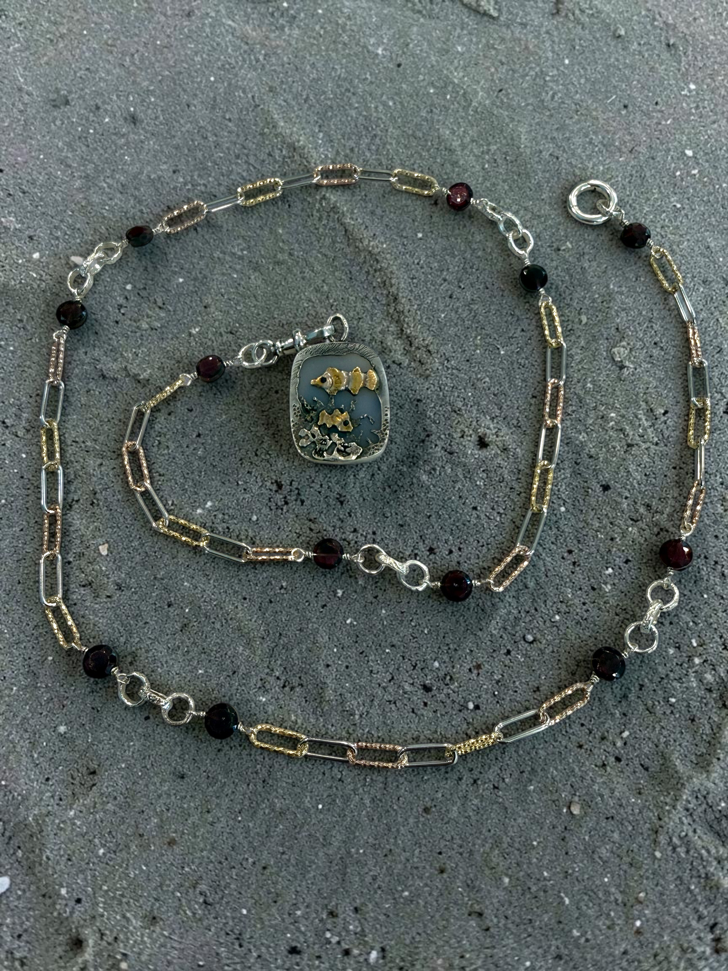 “Clownfish”  Agate Scenic Pendant in 14k Gold and Sterling Silver with Custom Chain
