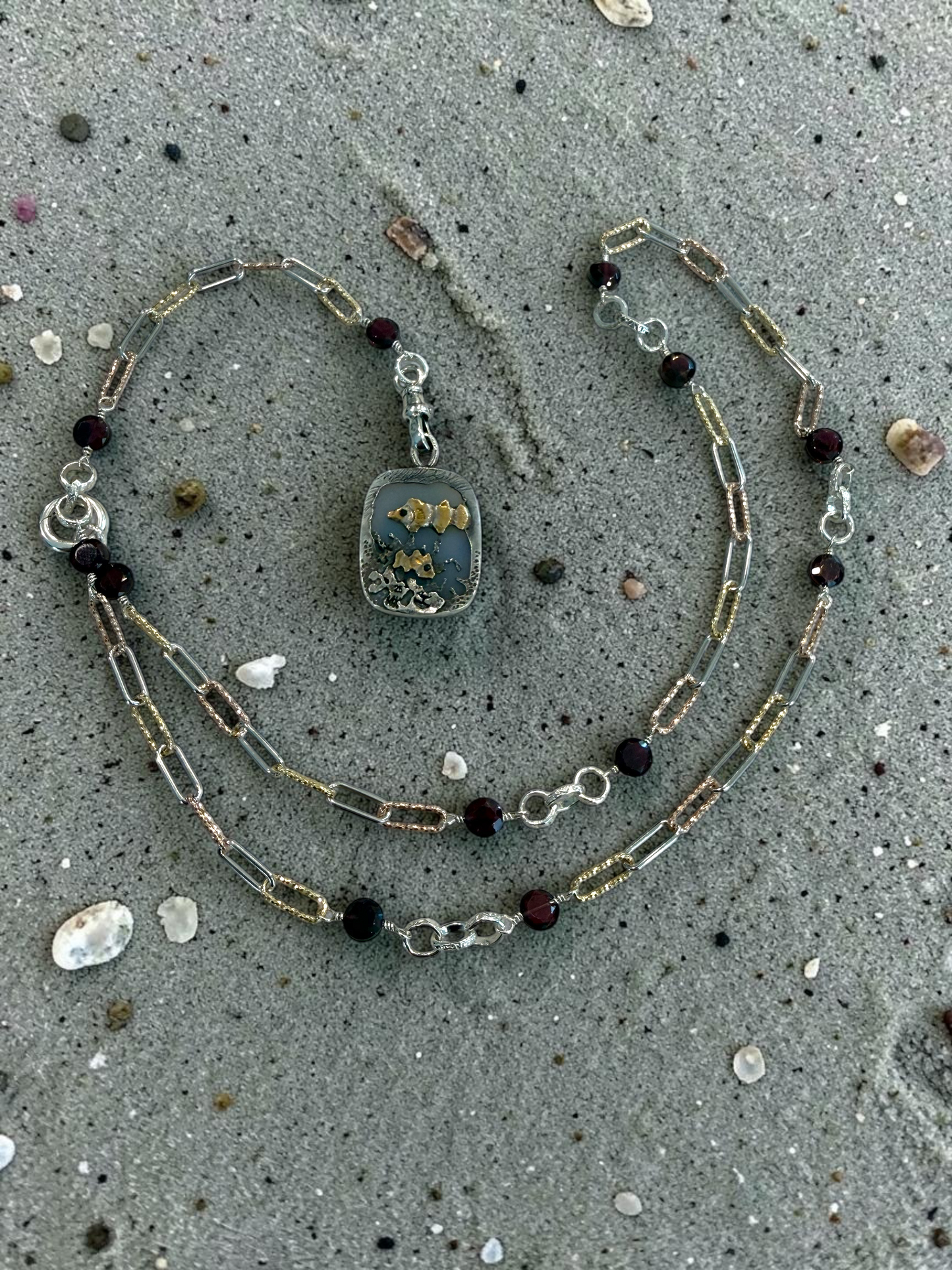“Clownfish”  Agate Scenic Pendant in 14k Gold and Sterling Silver with Custom Chain