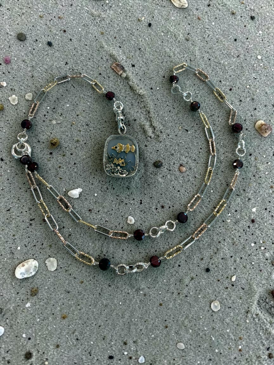 “Clownfish”  Agate Scenic Pendant in 14k Gold and Sterling Silver with Custom Chain