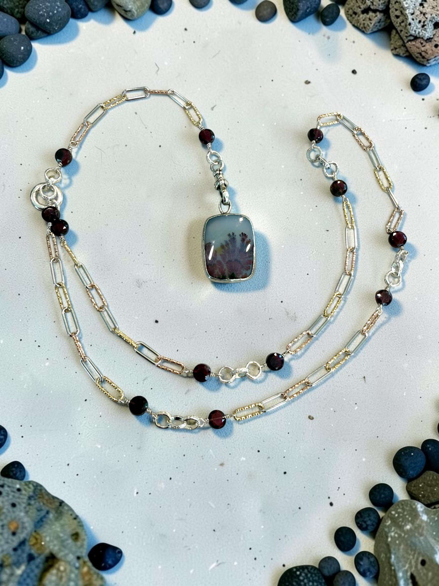 “Clownfish”  Agate Scenic Pendant in 14k Gold and Sterling Silver with Custom Chain