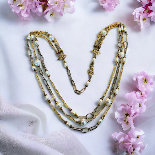 Three Strand Gold and Pearl Necklace