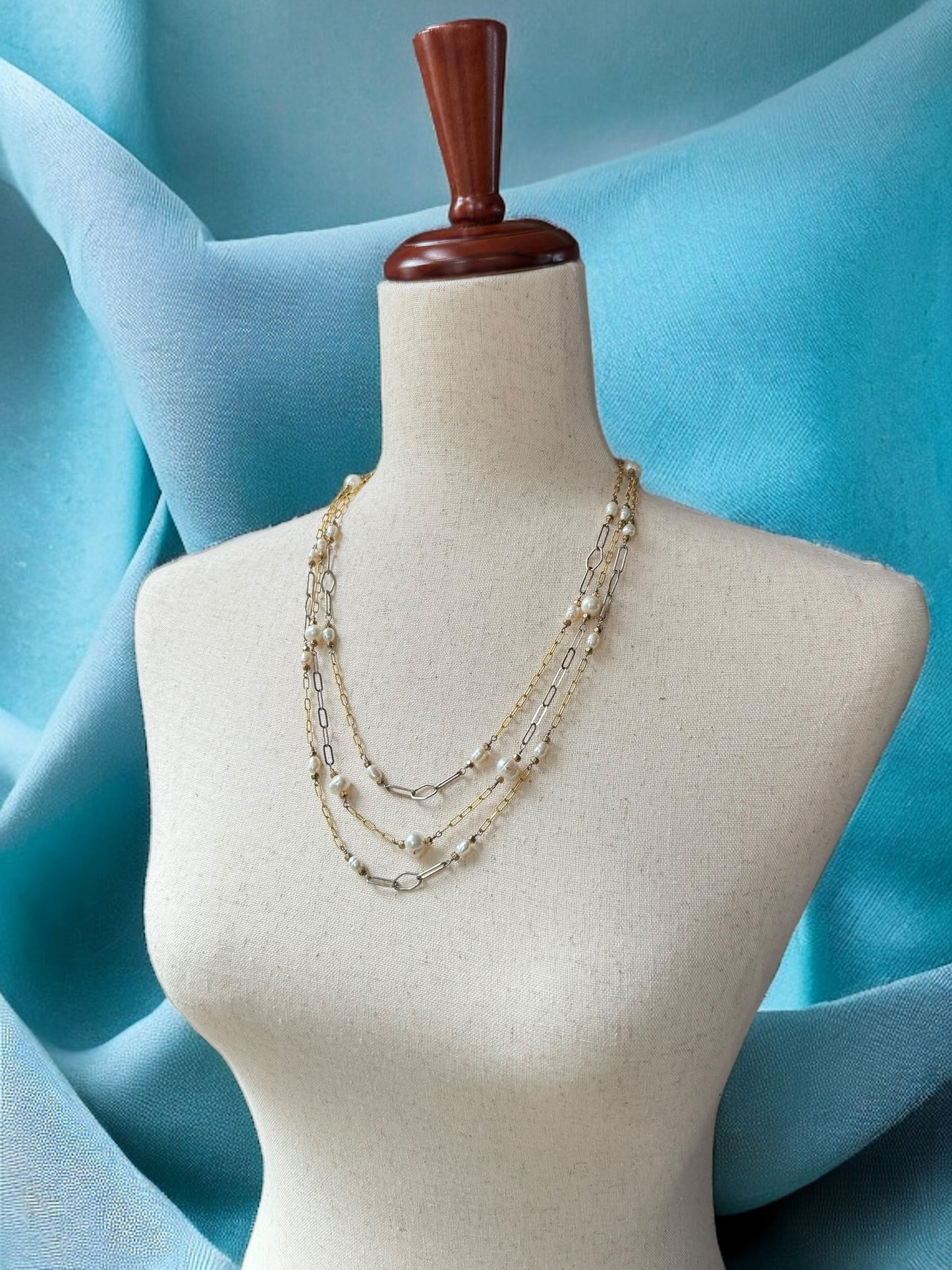 Three Strand Gold and Pearl Necklace