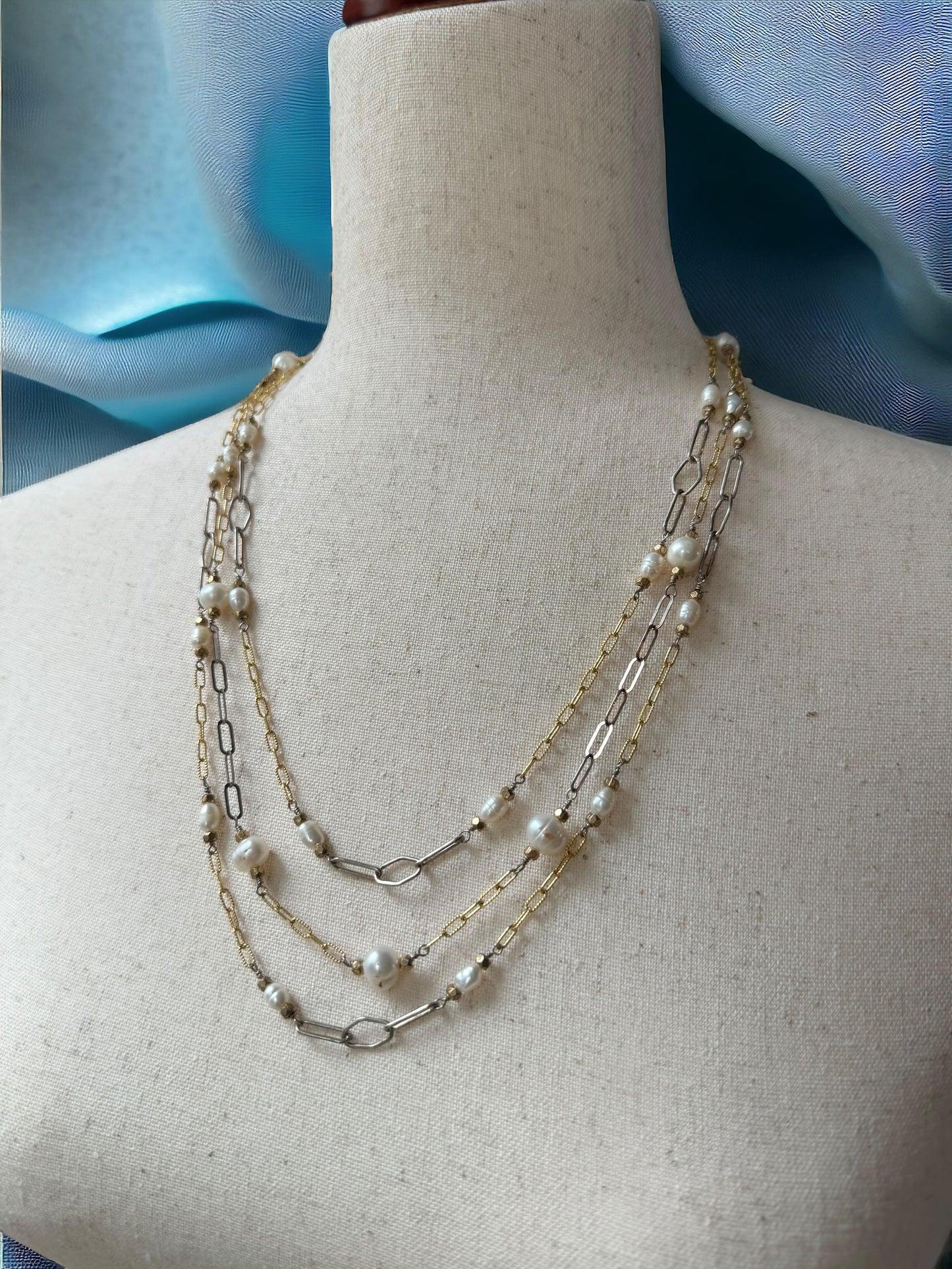 Three Strand Gold and Pearl Necklace