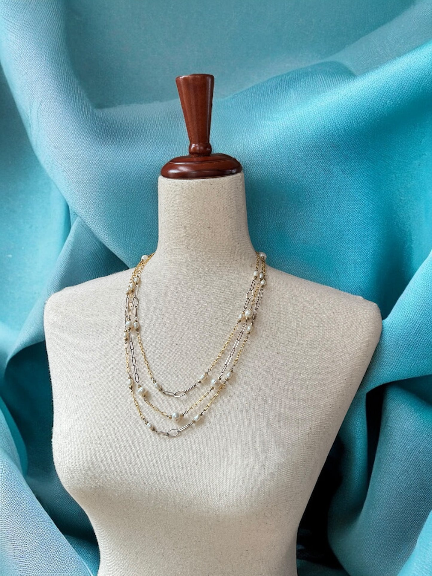 Three Strand Gold and Pearl Necklace