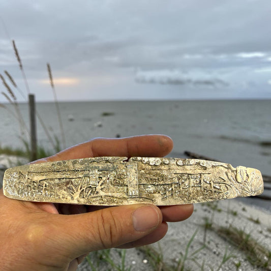 Cape Henlopen Watchtowers sterling silver cuff, full scene held at the beach