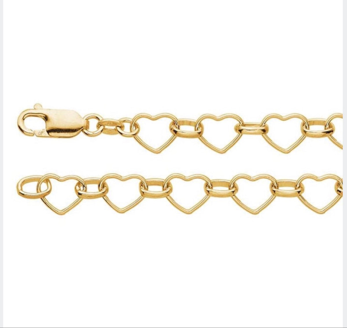 Detail — gold-filled heart links and lobster clasp