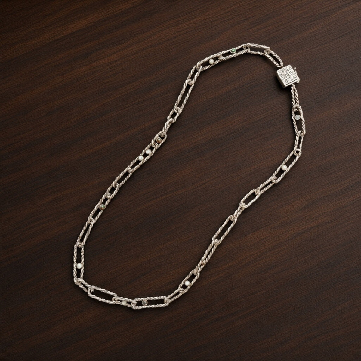 Black and white opal and moonstone necklace in a hand-twisted sterling silver chain
