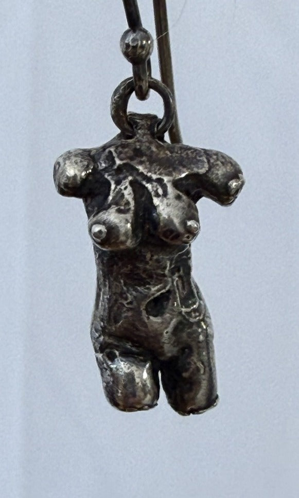 Female torso earring, solid cast sterling silver, front view