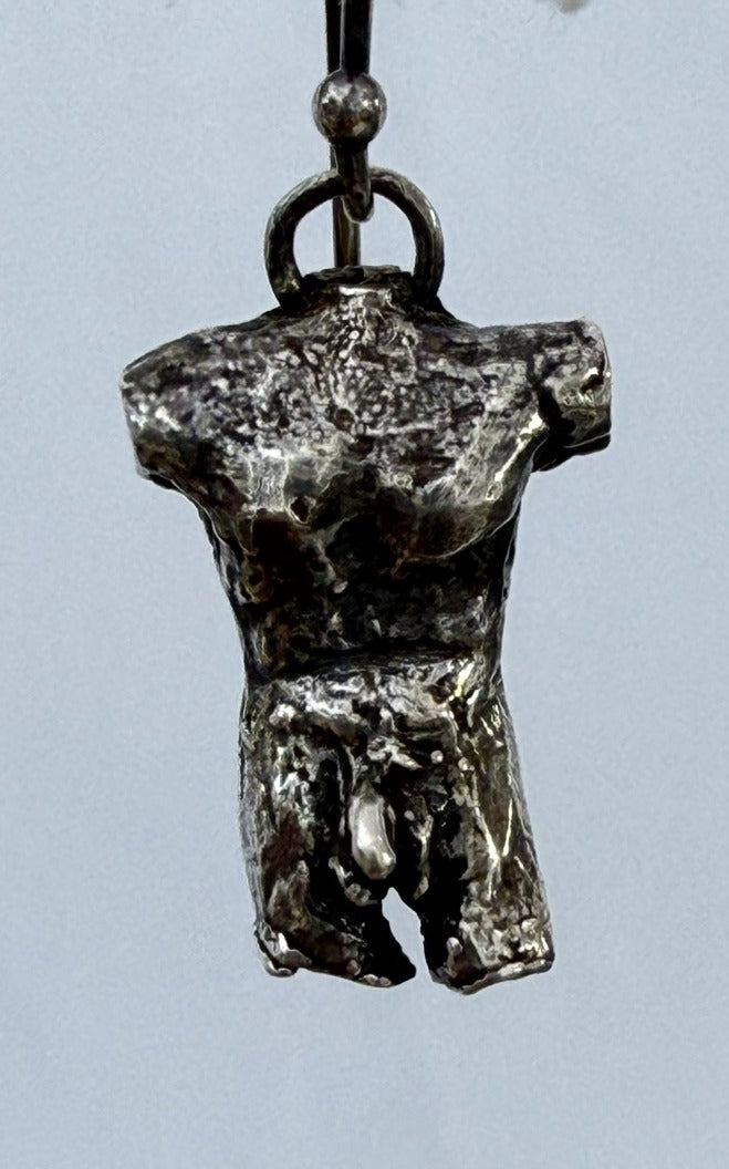 Male torso earring, solid cast sterling silver, front view